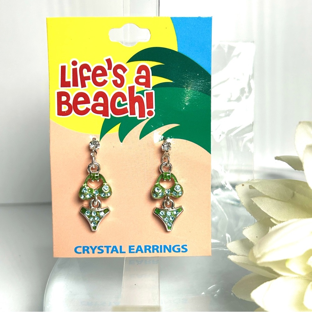 Crystal Bikini Dangle Earrings Blue Green Sterling Silver Hypo Allergenic NEW - Picture 3 of 5